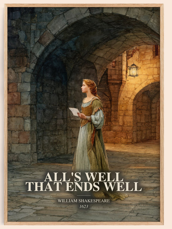 All'S Well That Ends Well watercolour book poster by William Shakespeare – framed literary art print