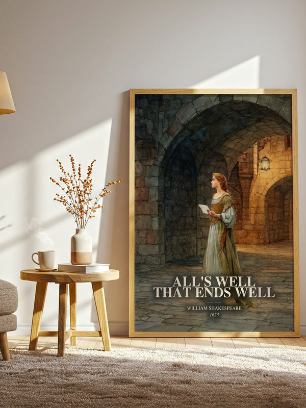 All'S Well That Ends Well watercolour print in frame leaning in hallway – classic literature wall art