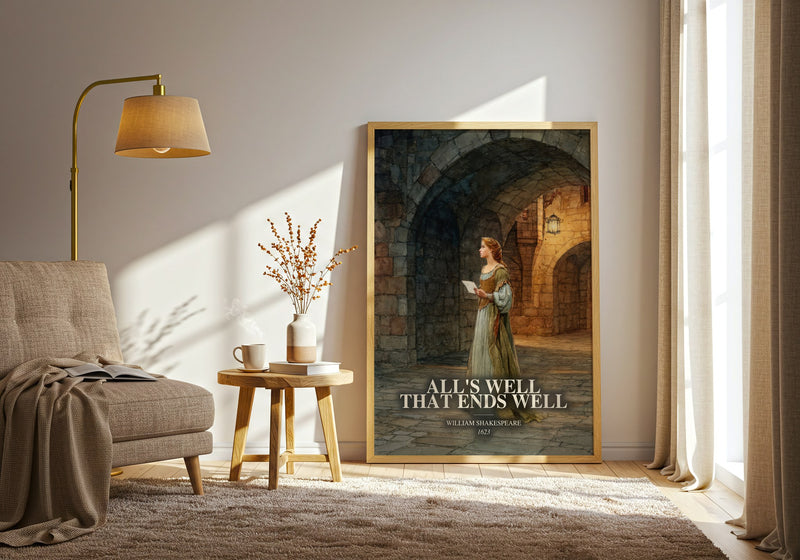 All'S Well That Ends Well watercolour print in frame leaning in hallway – classic literature wall art