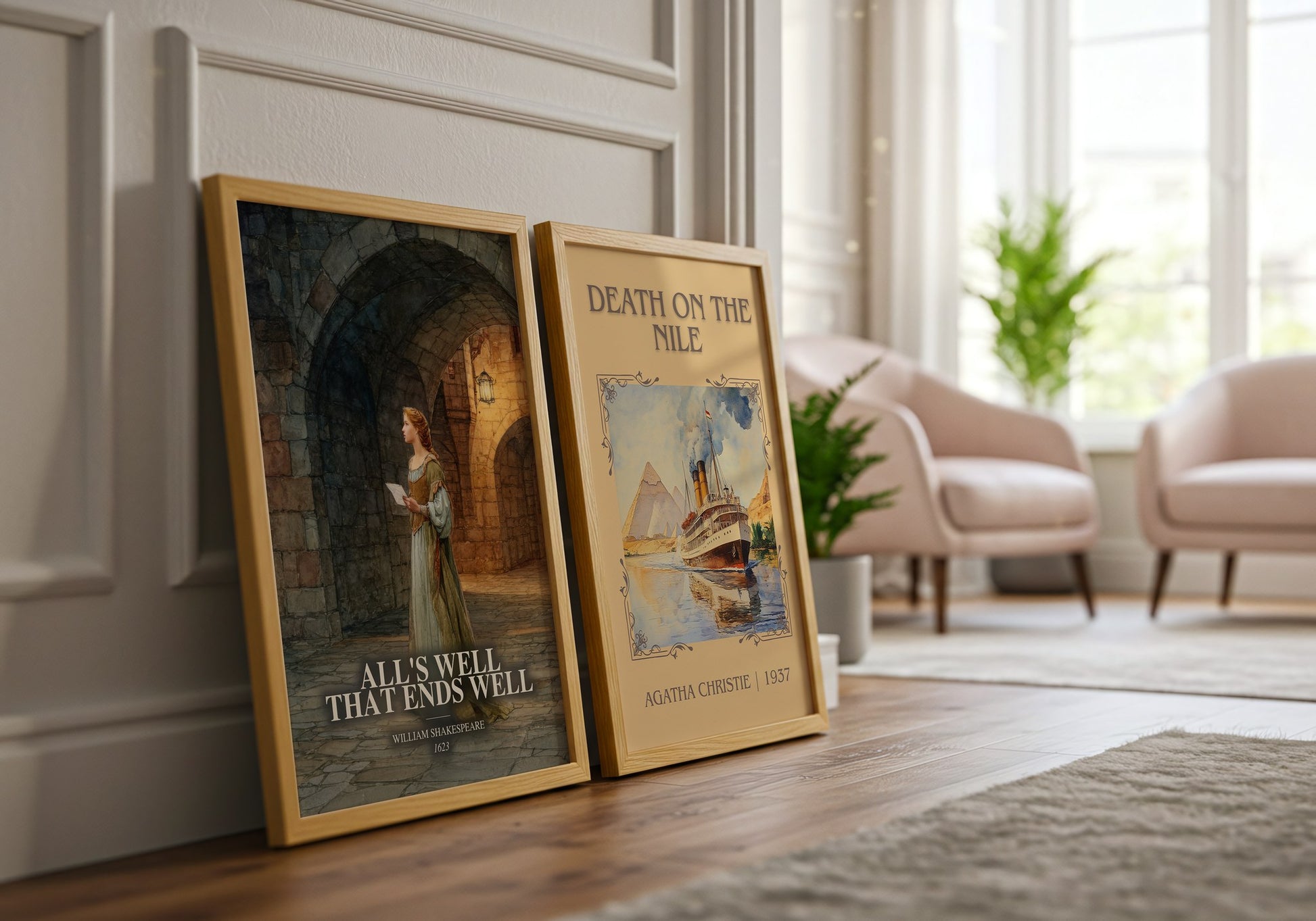 All'S Well That Ends Well watercolour print framed by window – literary home decor