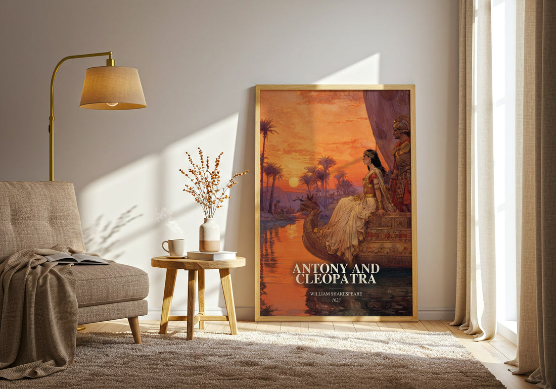 Antony And Cleopatra watercolour print in frame leaning in hallway – classic literature wall art (mockup)