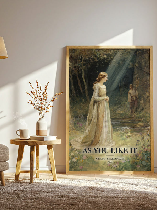 As You Like It watercolour print in frame leaning in hallway – classic literature wall art