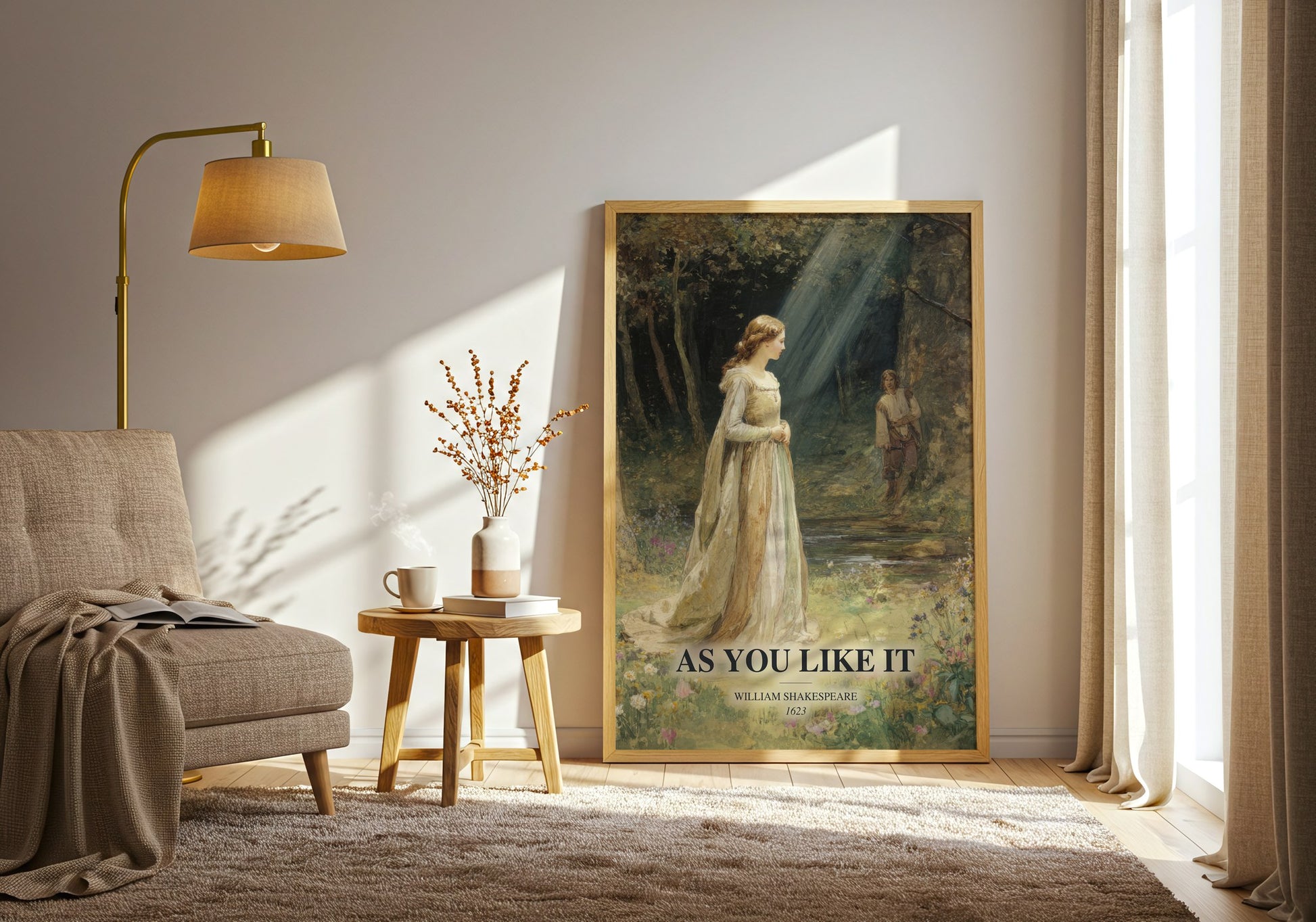 As You Like It watercolour print in frame leaning in hallway – classic literature wall art