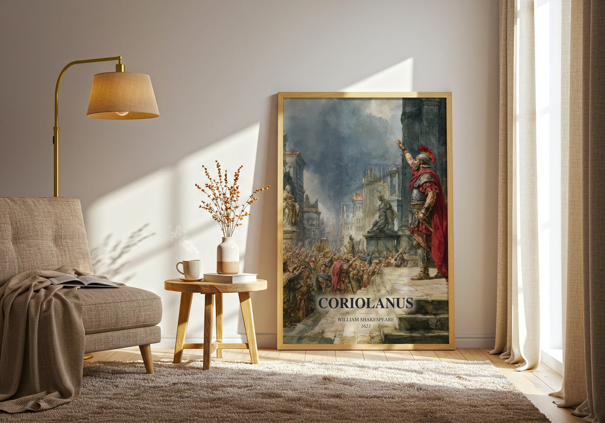 Coriolanus watercolour print in frame leaning in hallway – classic literature wall art
