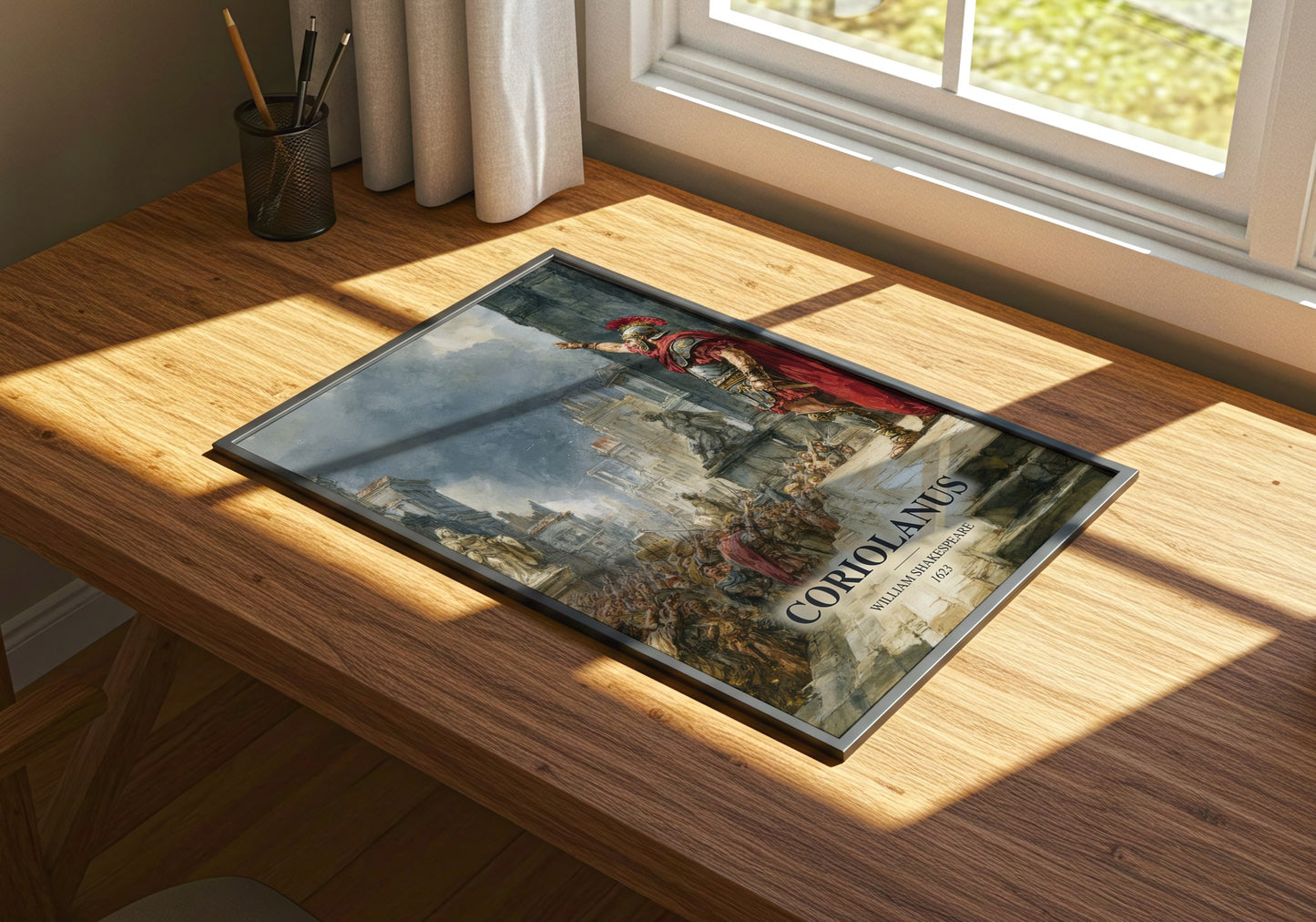 Coriolanus watercolour book poster framed on wall – classic literature wall art