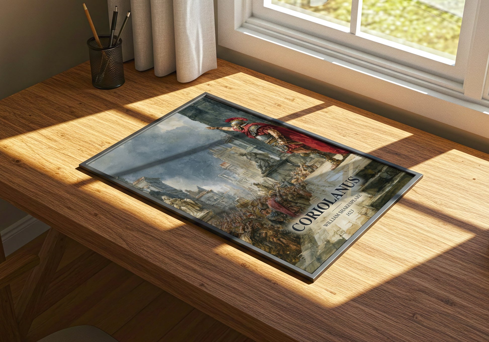 Coriolanus watercolour book poster framed on wall – classic literature wall art