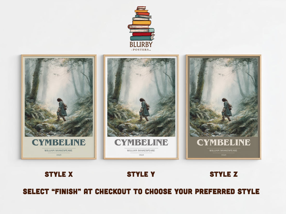Cymbeline book cover print in frame leaning in hallway – classic literature wall art (mockup)