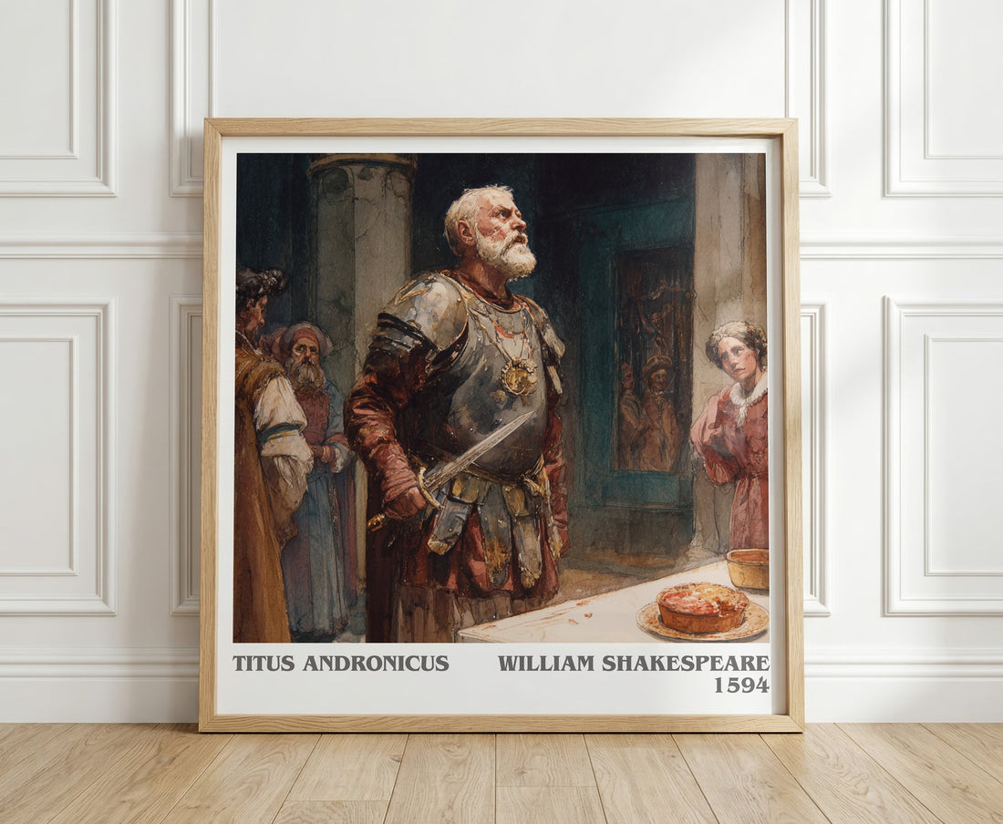 Titus Andronicus literary print in frame leaning in hallway – classic literature wall art (mockup)