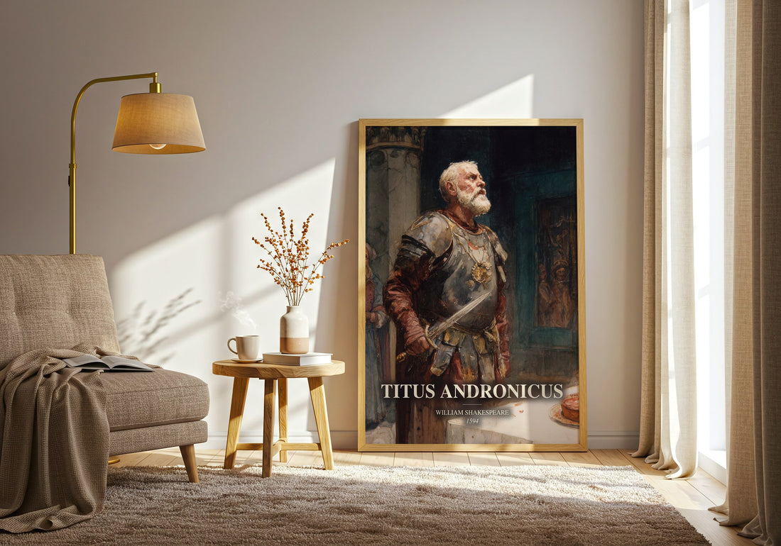Titus Andronicus watercolour print in frame leaning in hallway – classic literature wall art (mockup)