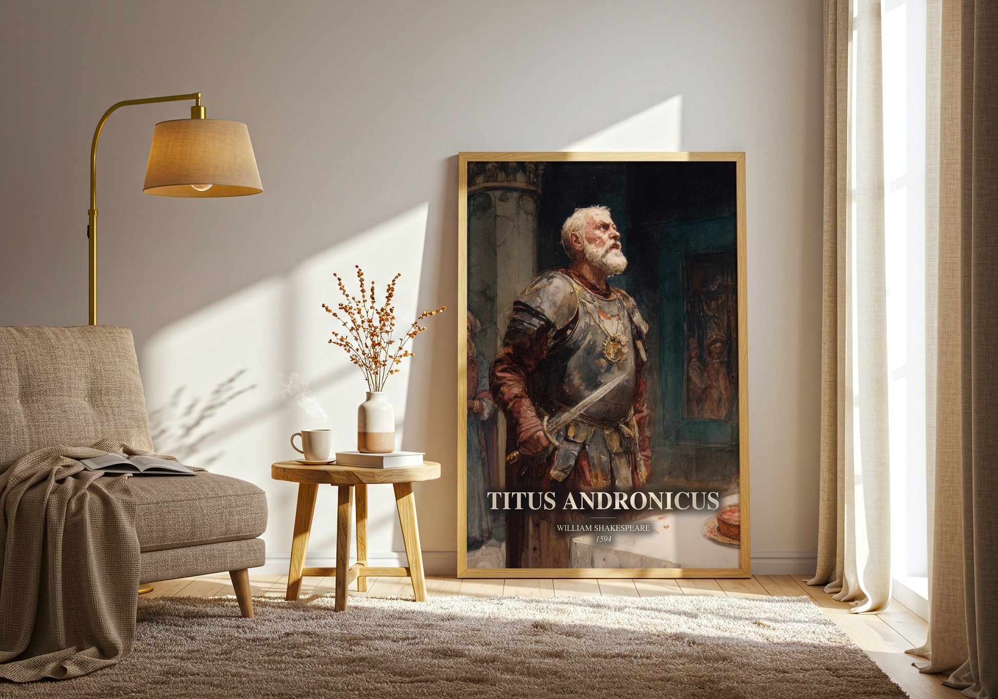 Titus Andronicus watercolour print in frame leaning in hallway – classic literature wall art