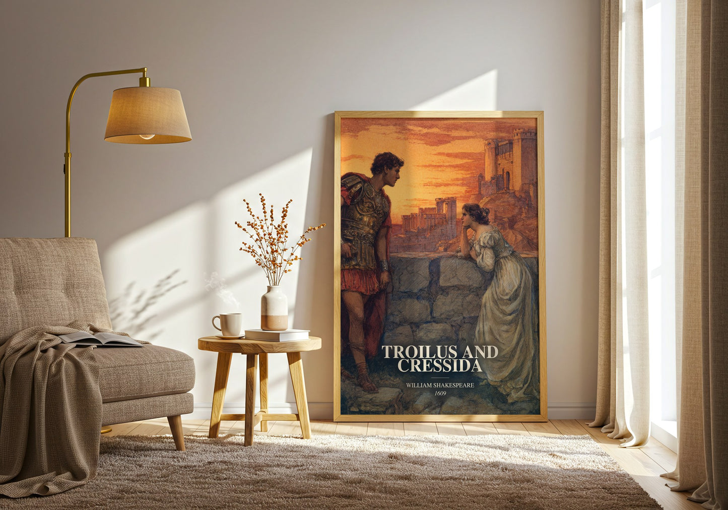 Troilus And Cressida watercolour print in frame leaning in hallway – classic literature wall art