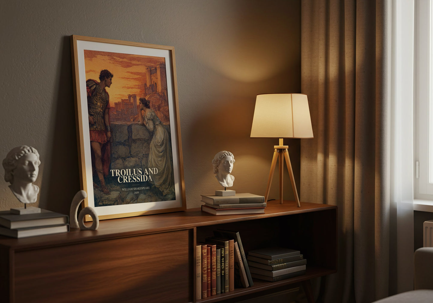 Troilus And Cressida watercolour print on bookshelf – William Shakespeare fan gift