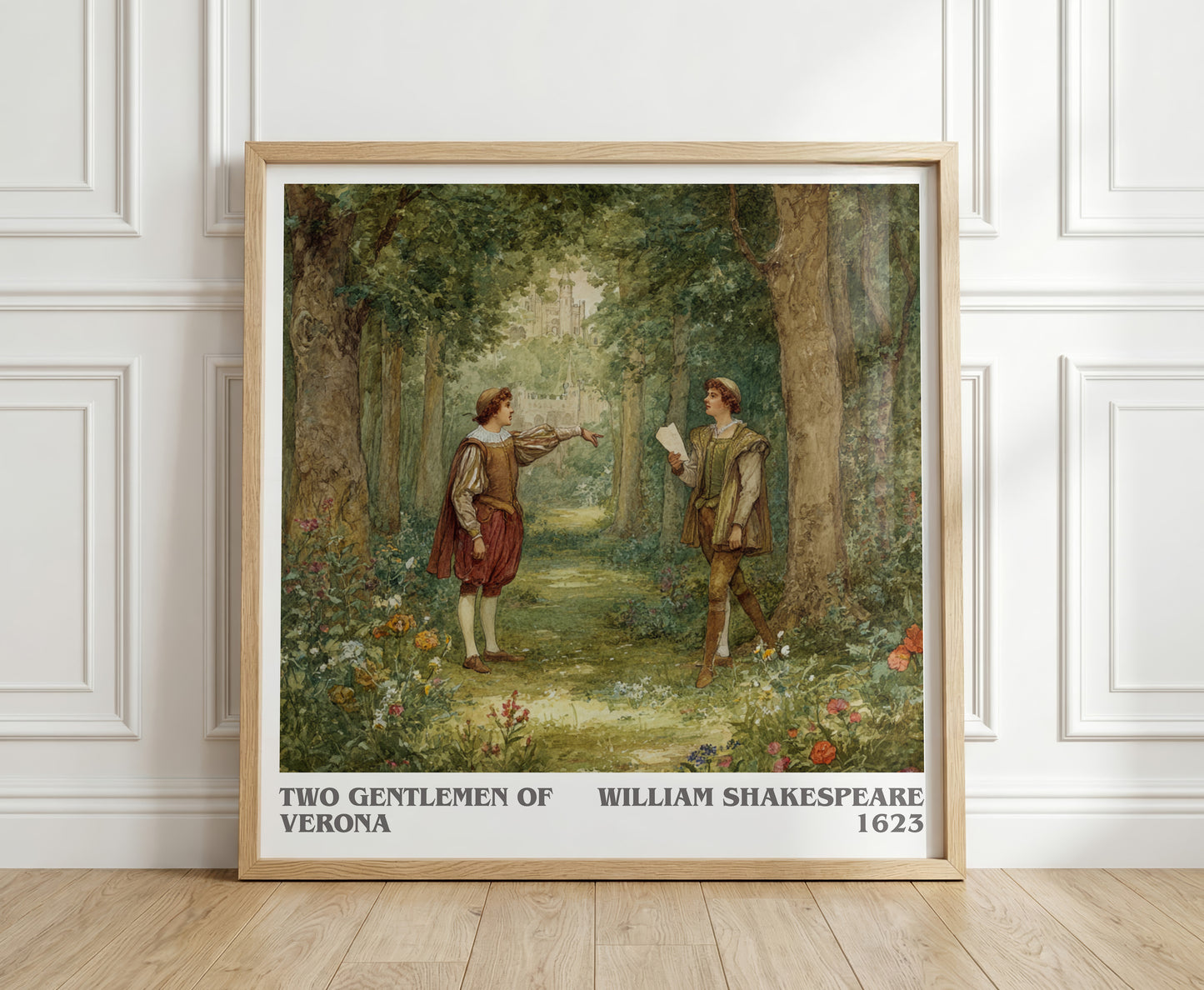 The Two Gentlemen of Verona literary print in frame leaning in hallway – classic literature wall art