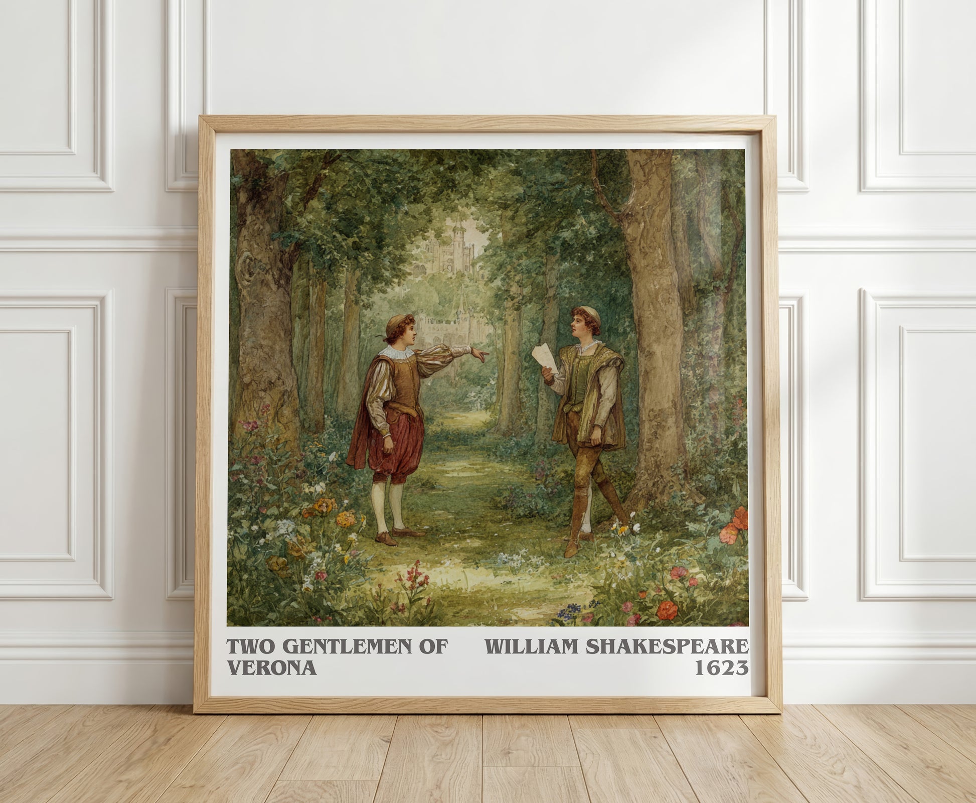 The Two Gentlemen of Verona literary print in frame leaning in hallway – classic literature wall art