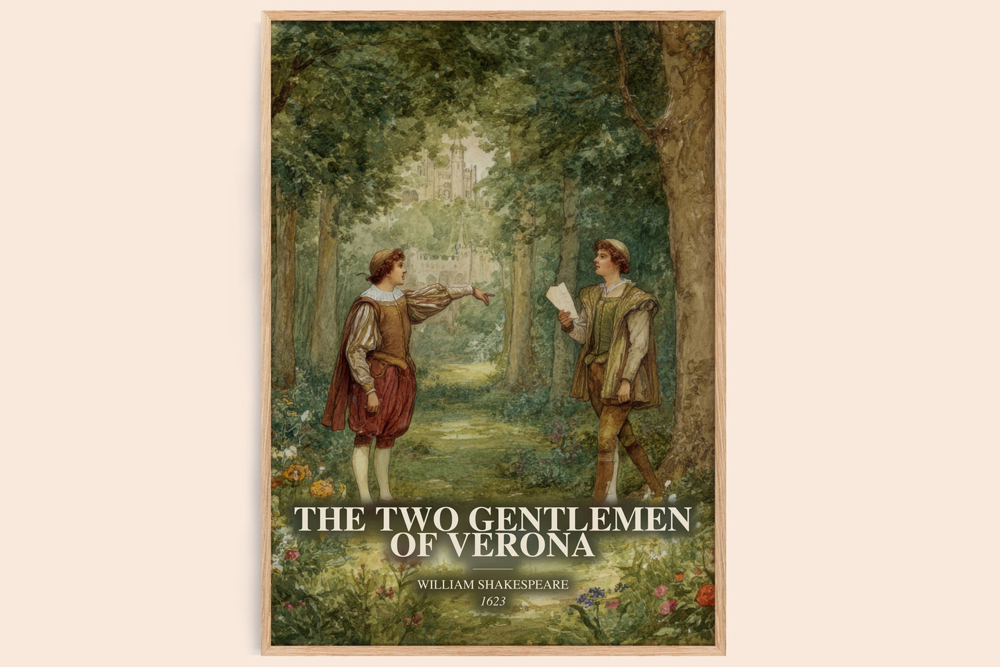 The Two Gentlemen Of Verona watercolour book poster by William Shakespeare – framed literary art print