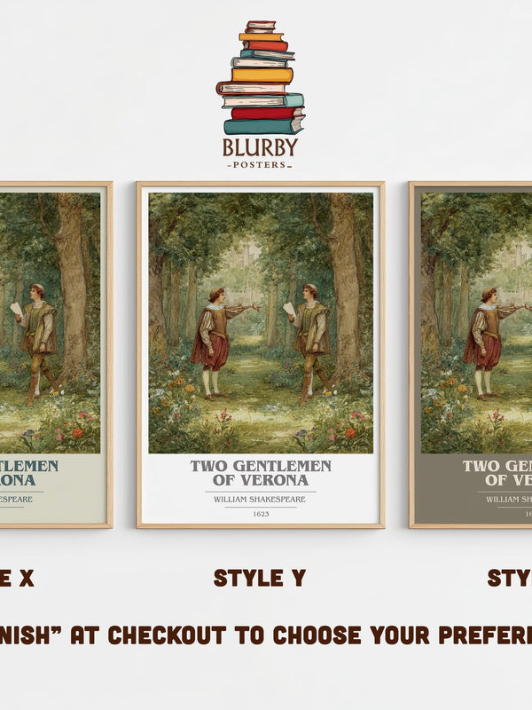 The Two Gentlemen of Verona book cover print in frame leaning in hallway – classic literature wall art
