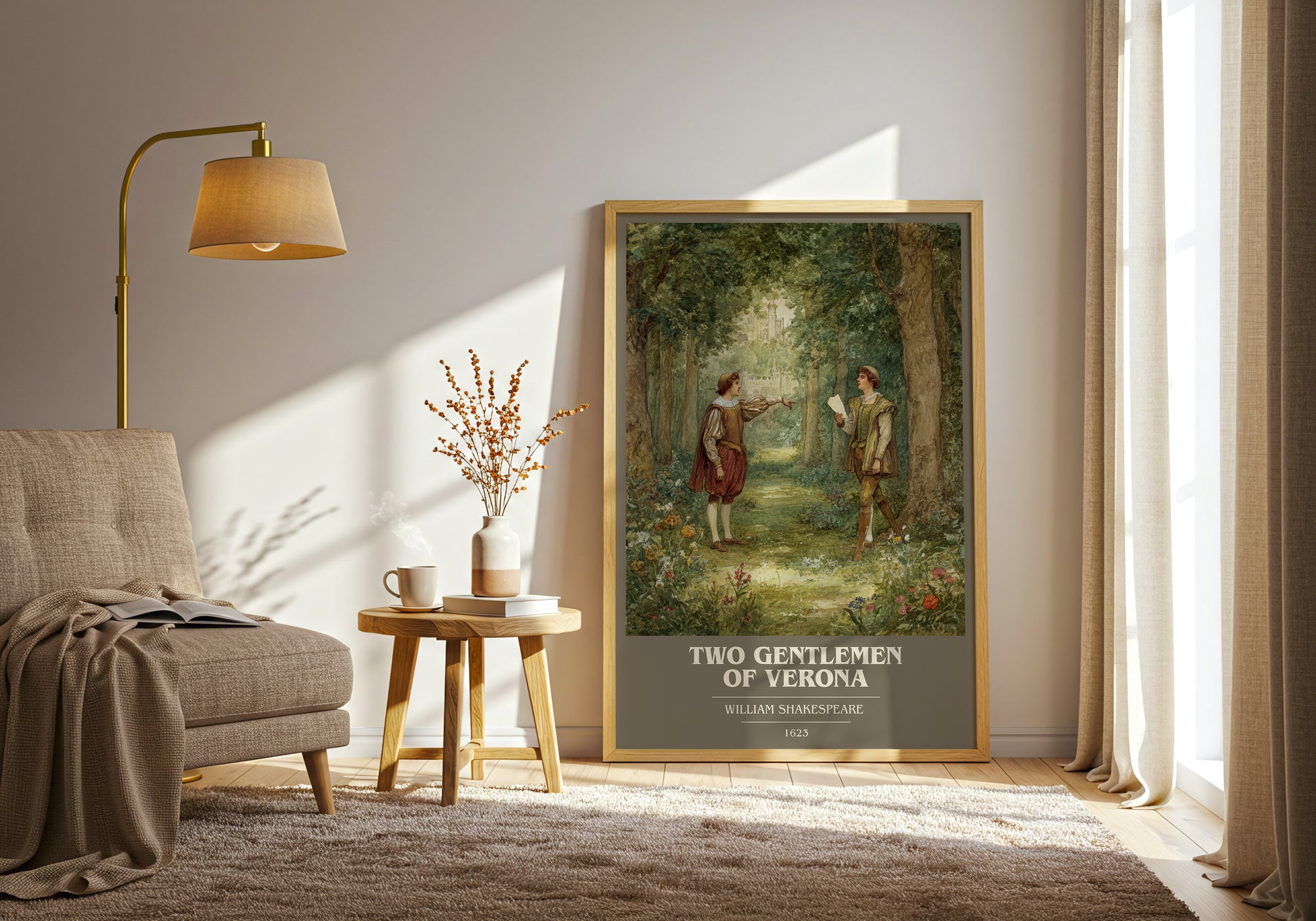 The Two Gentlemen of Verona book cover print framed by window – literary home decor