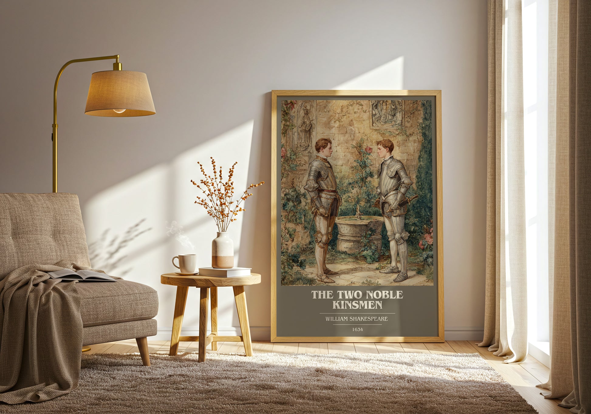 The Two Noble Kinsmen book cover print framed by window – literary home decor