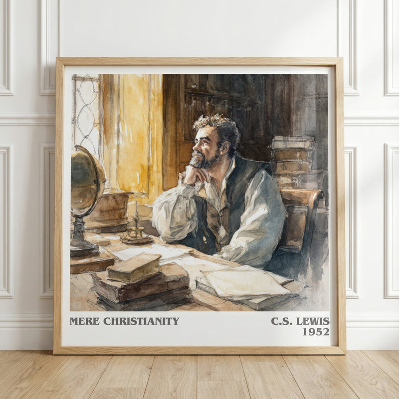 Mere Christianity literary print in frame leaning in hallway – classic literature wall art