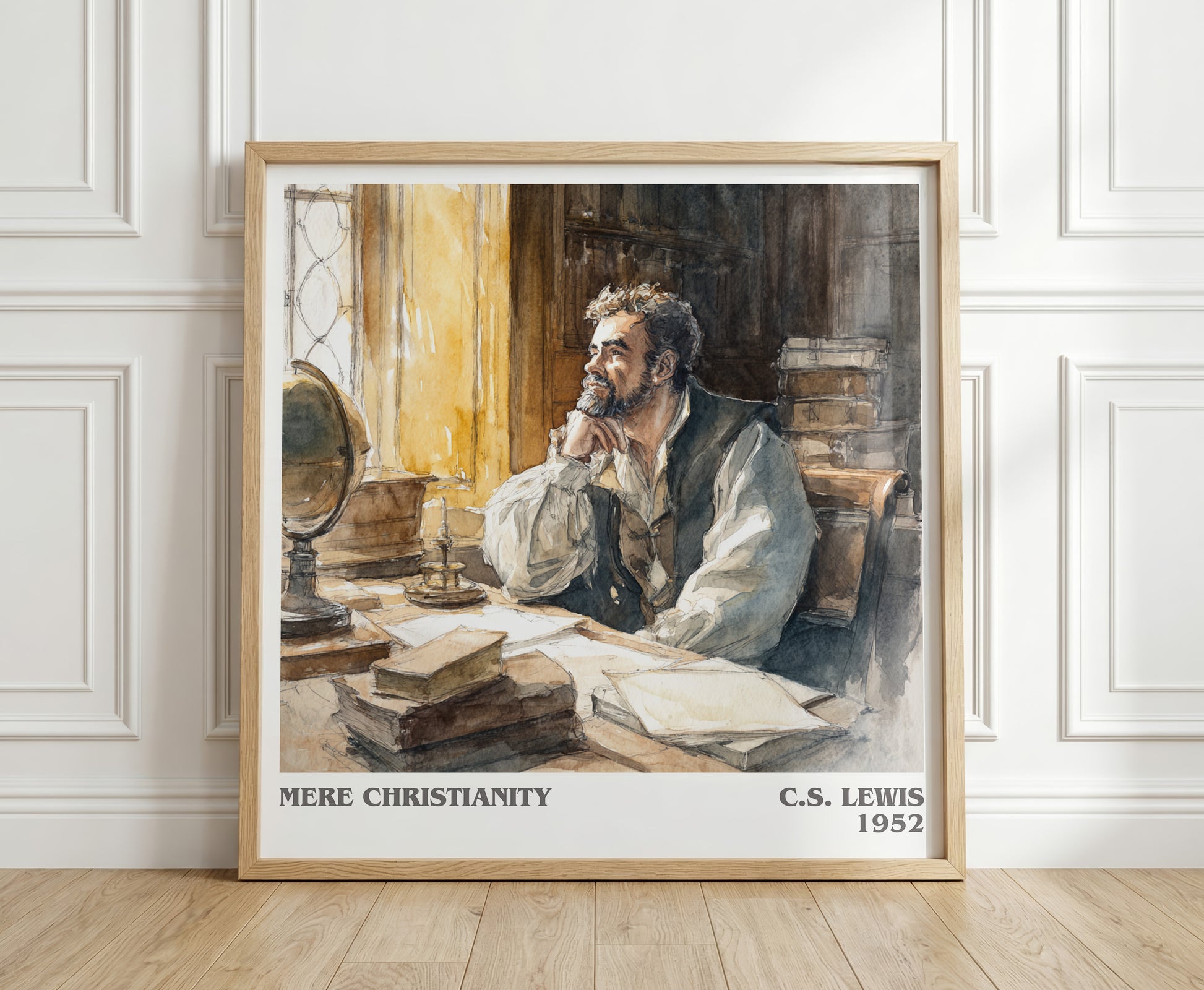 Mere Christianity literary print in frame leaning in hallway – classic literature wall art
