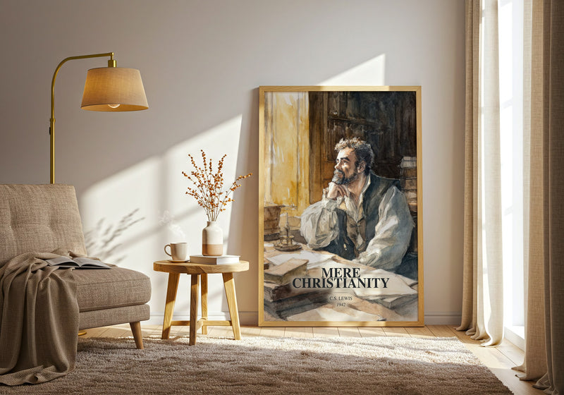 Mere Christianity watercolour print in frame leaning in hallway – philosophy wall art