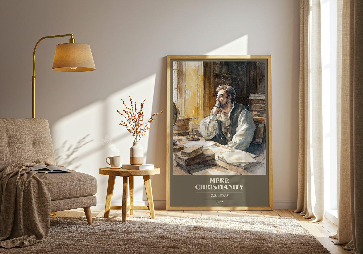 Mere Christianity book cover print framed by window – literary home decor