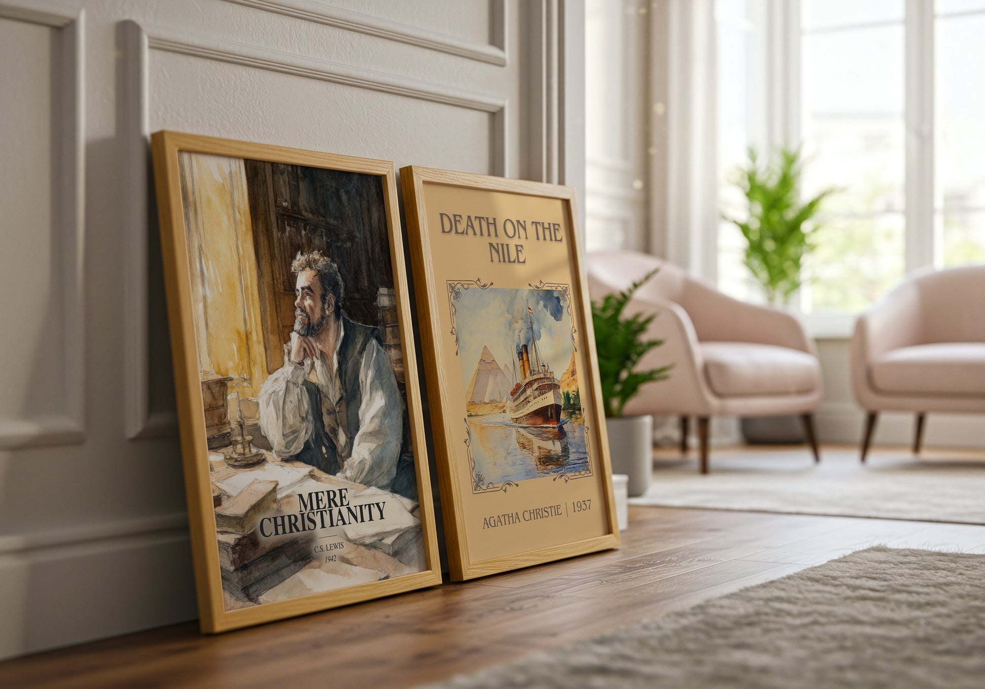 Mere Christianity watercolour print framed by window – literary home decor