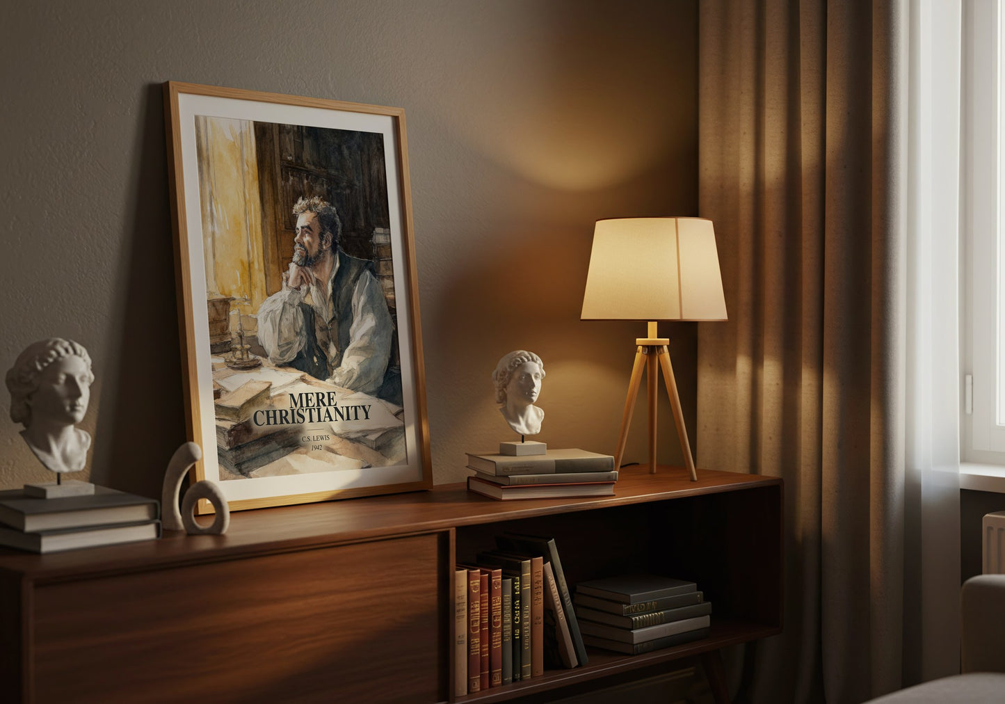 Mere Christianity watercolour print on bookshelf – C.S. Lewis fan gift