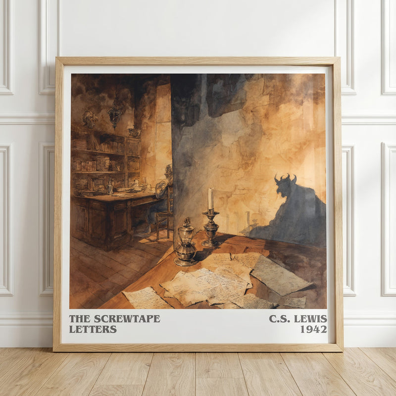 The Screwtape Letters literary print in frame leaning in hallway – non fiction wall art