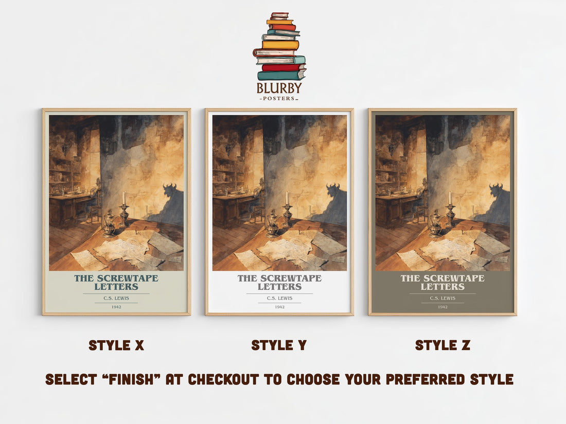 The Screwtape Letters book cover print in frame leaning in hallway – non fiction wall art (mockup)