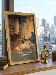 The Screwtape Letters Book Cover Poster by C. S. Lewis – framed print on a city-view windowsill