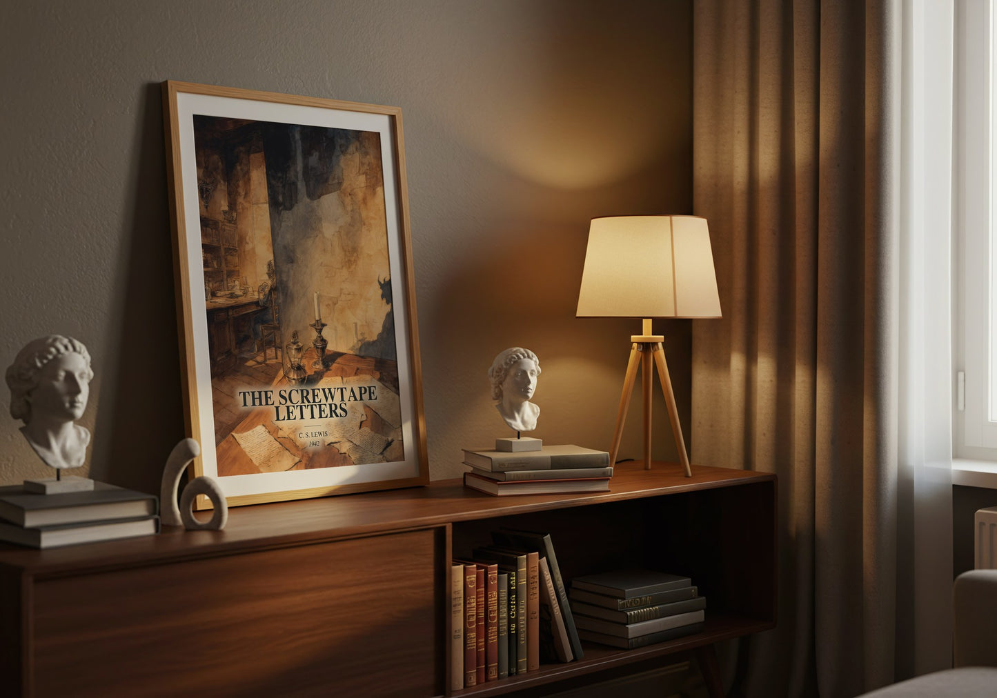 The Screwtape Letters watercolour print on bookshelf – C. S. Lewis fan gift
