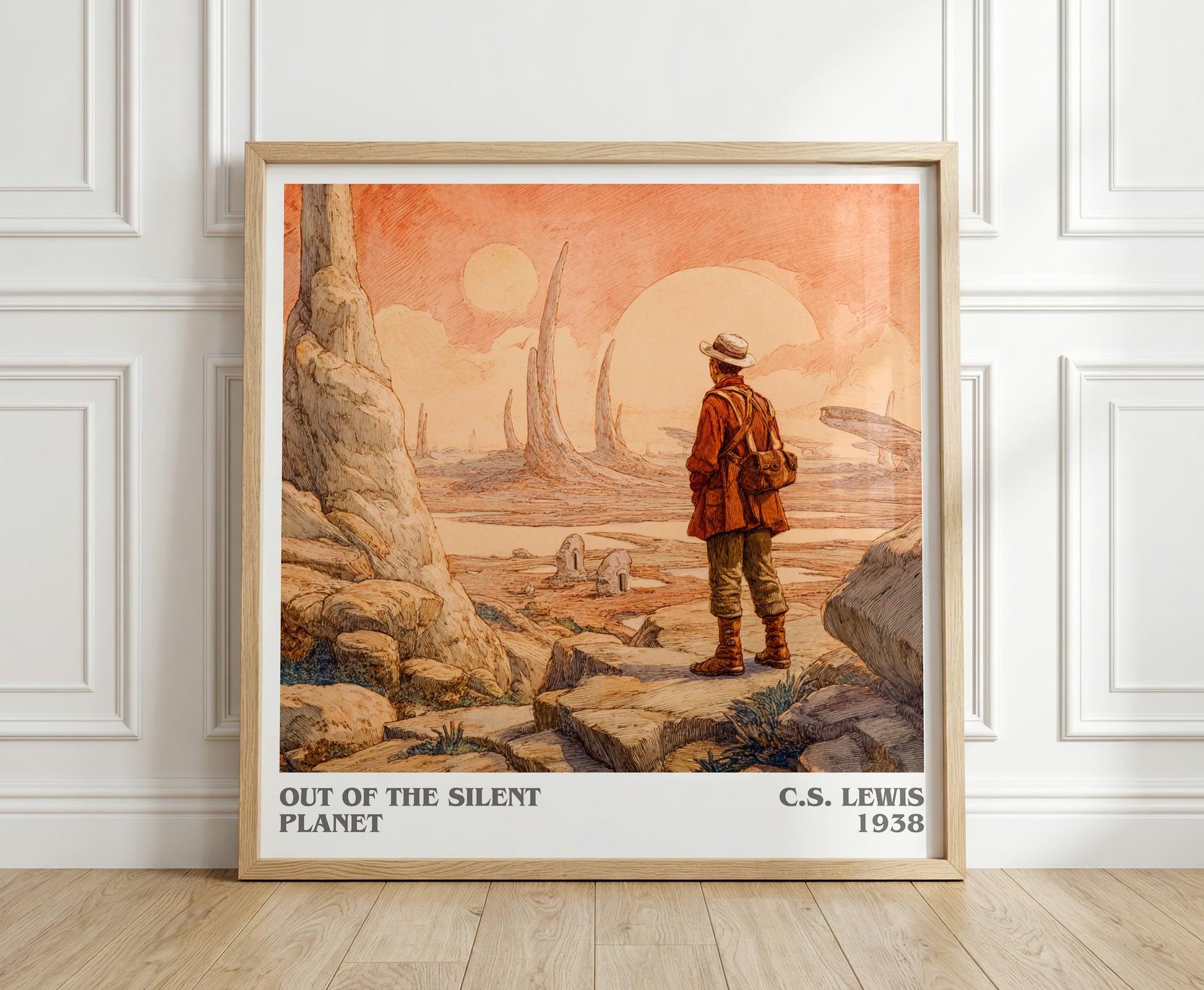 Out of the Silent Planet literary print in frame leaning in hallway – satire wall art