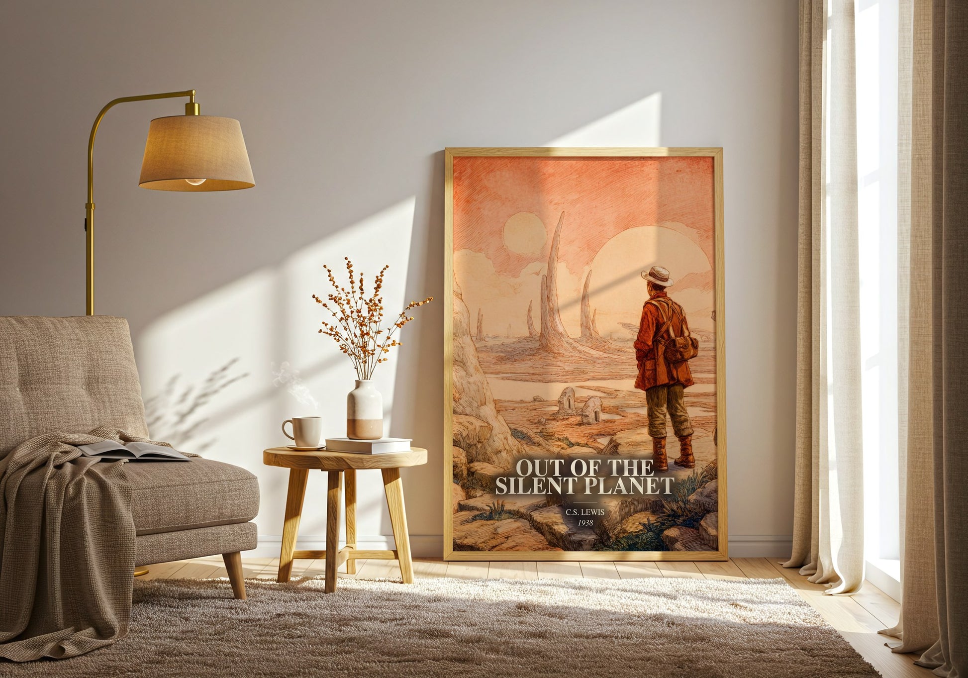 Out Of The Silent Planet watercolour print in frame leaning in hallway – sci fi wall art