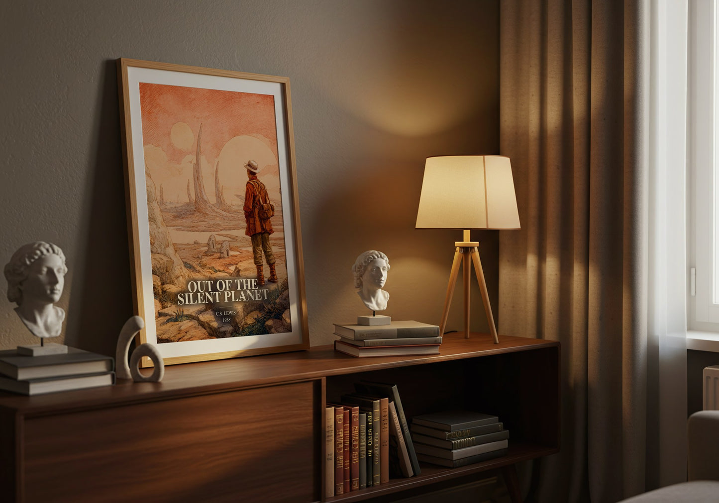 Out Of The Silent Planet watercolour print on bookshelf – C.S. Lewis fan gift