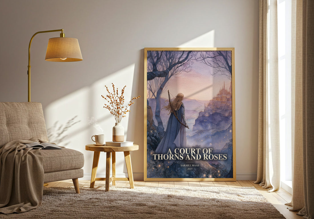 A Court Of Thorns And Roses watercolour print in frame leaning in hallway – fantasy wall art (mockup)