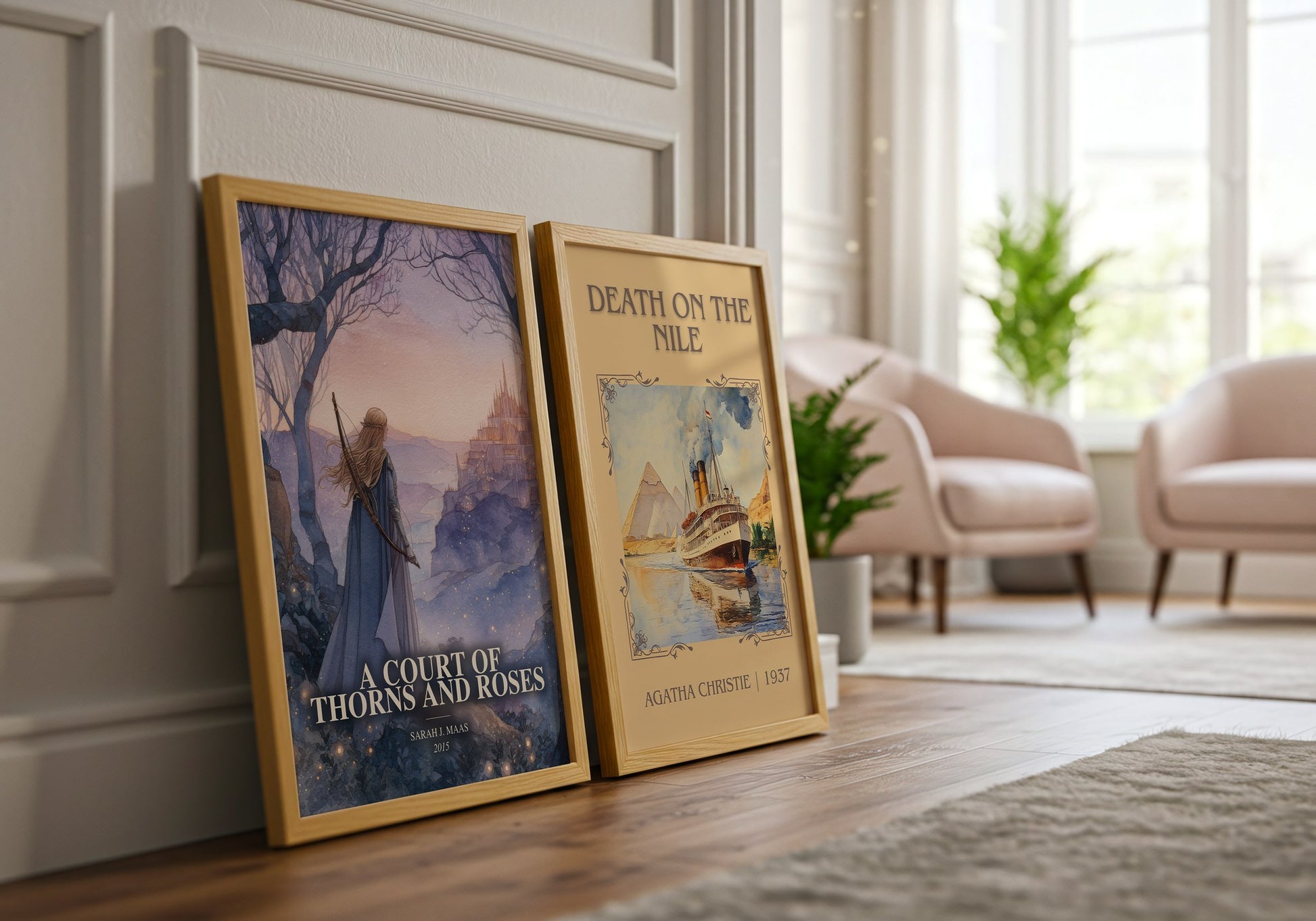 A Court Of Thorns And Roses watercolour print framed by window – literary home decor