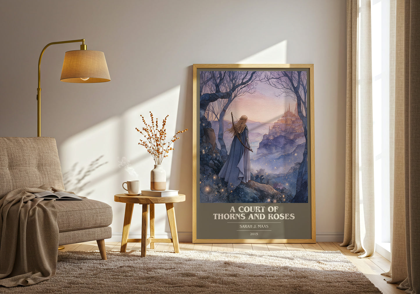 A Court of Thorns and Roses book cover print framed by window – literary home decor