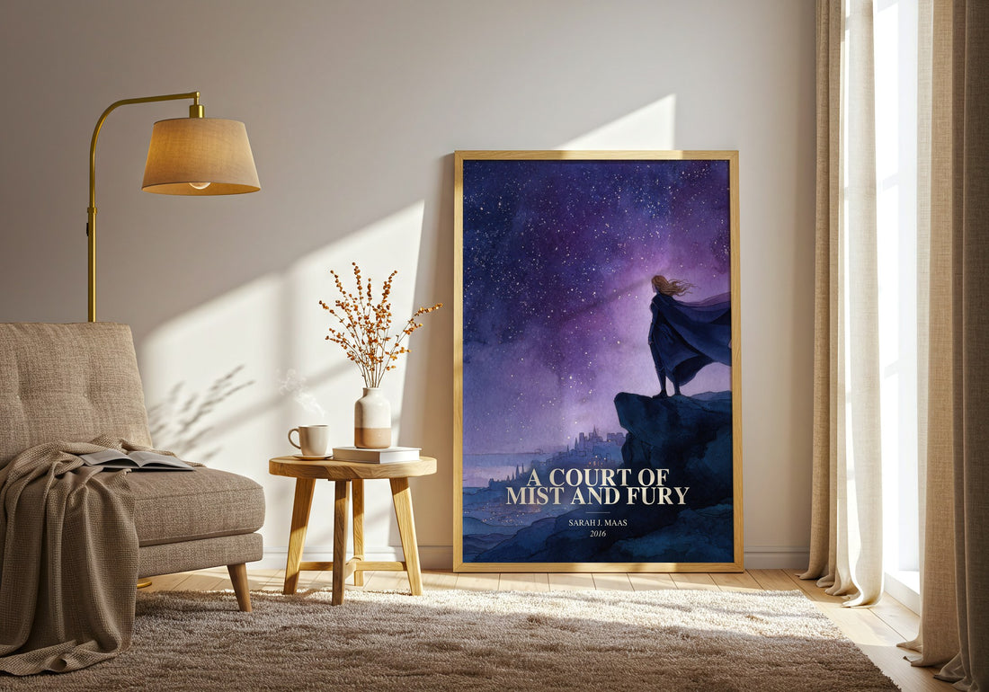 A Court Of Mist And Fury watercolour print in frame leaning in hallway – fantasy wall art (mockup)