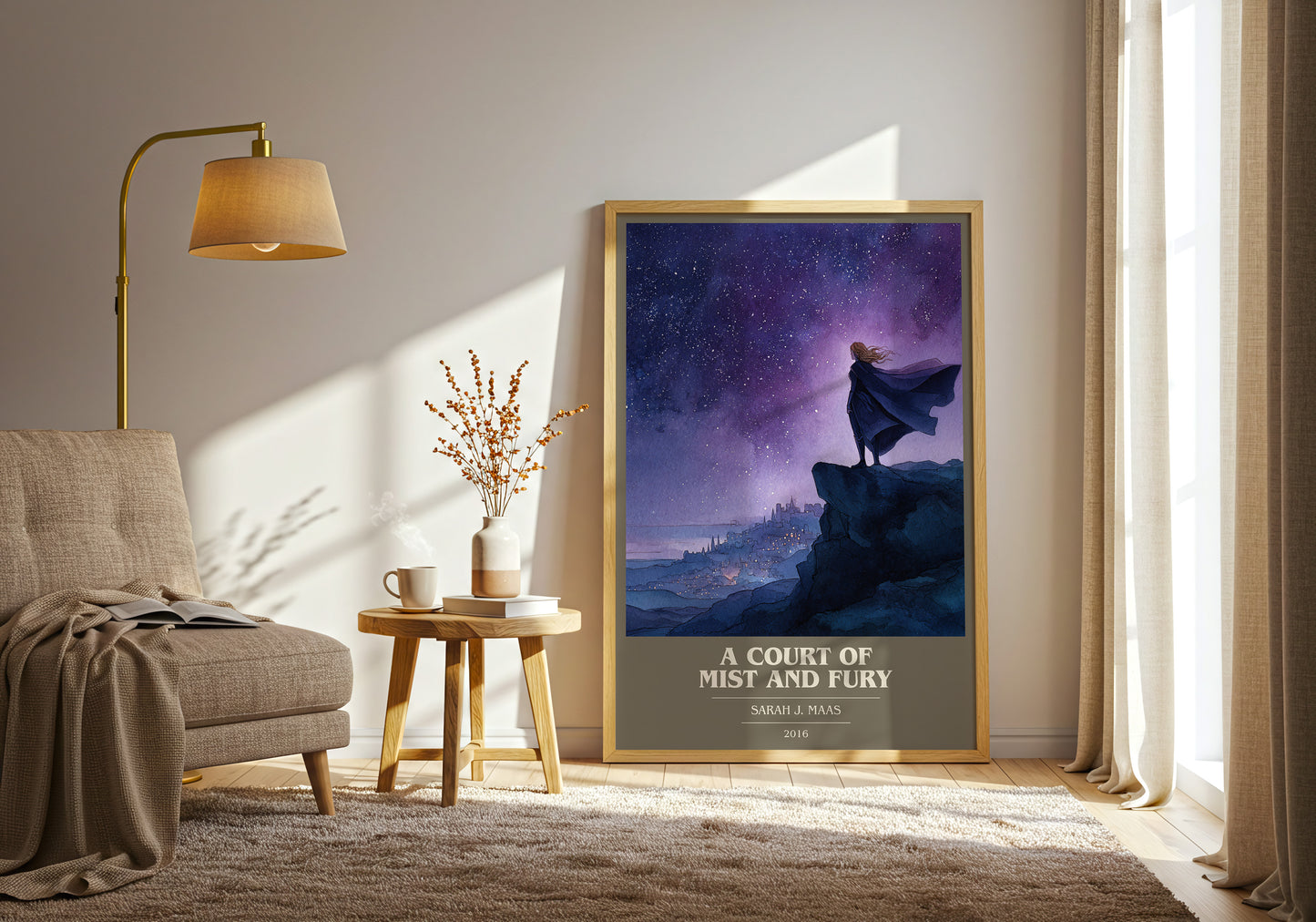 A Court of Mist and Fury book cover print framed by window – literary home decor