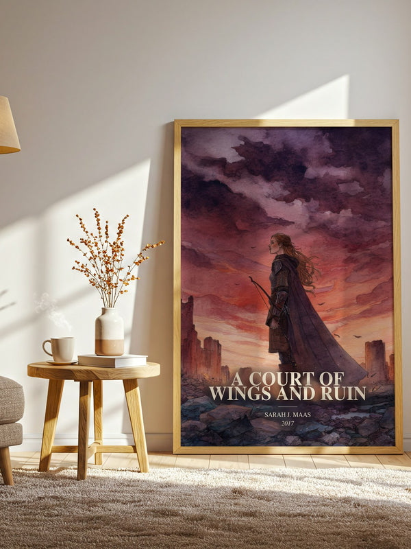 A Court Of Wings And Ruin watercolour print in frame leaning in hallway – fantasy wall art