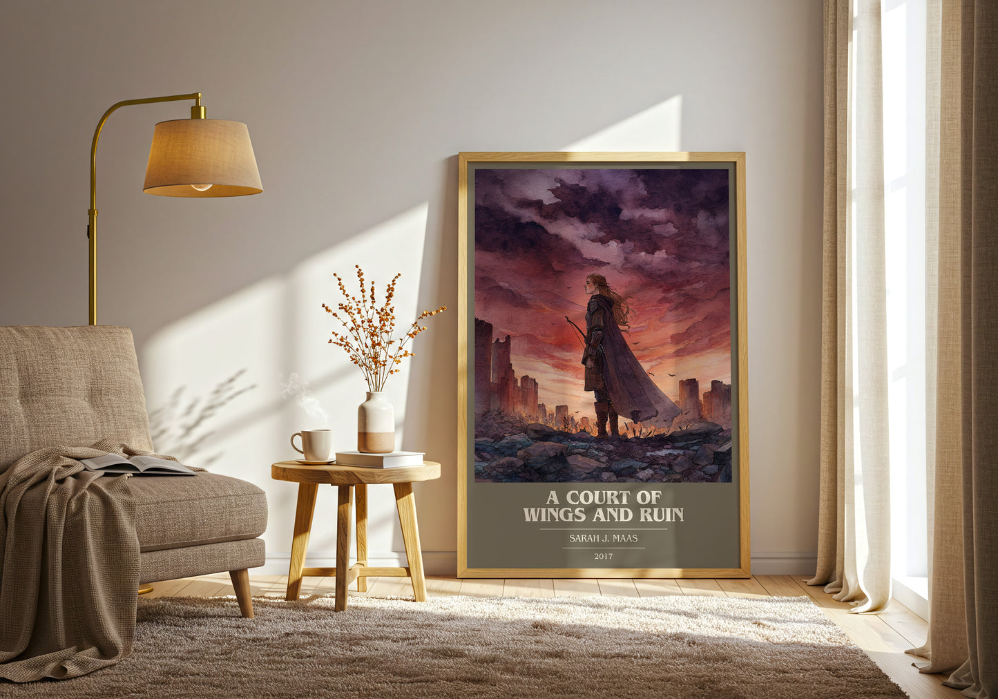 A Court of Wings and Ruin book cover print framed by window – literary home decor
