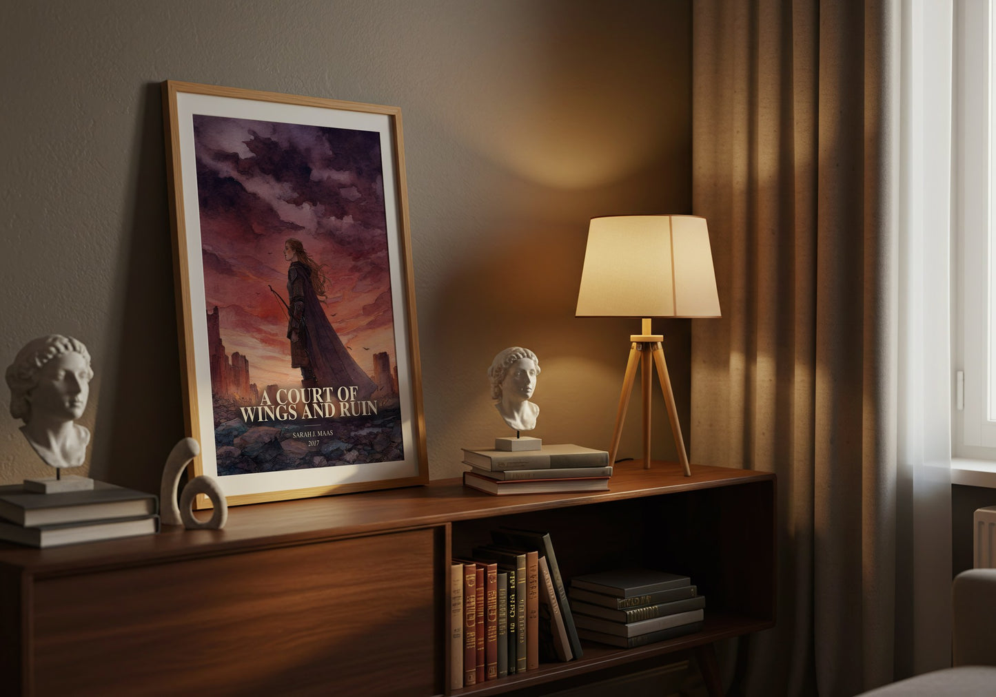 A Court Of Wings And Ruin watercolour print on bookshelf – Sarah J. Maas fan gift