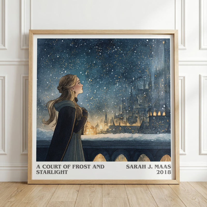 A Court of Frost and Starlight literary print in frame leaning in hallway – fantasy wall art