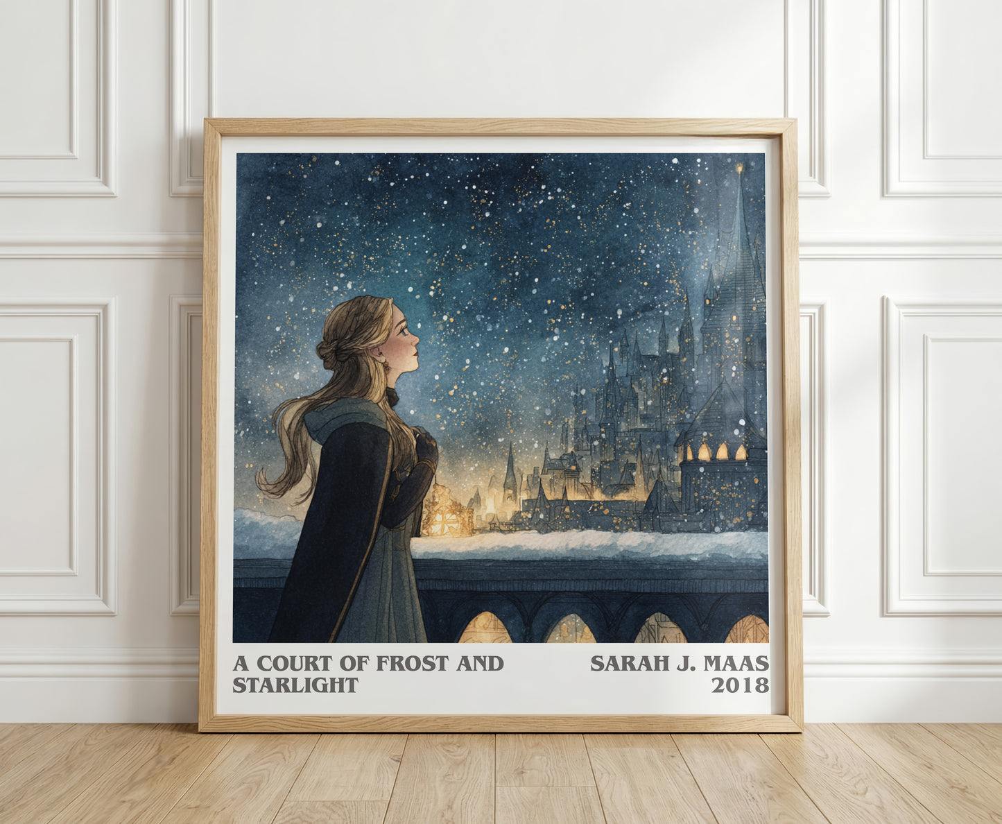A Court of Frost and Starlight literary print in frame leaning in hallway – fantasy wall art