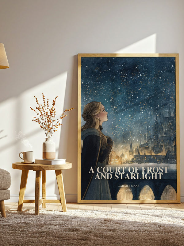 A Court Of Frost And Starlight watercolour print in frame leaning in hallway – fantasy wall art