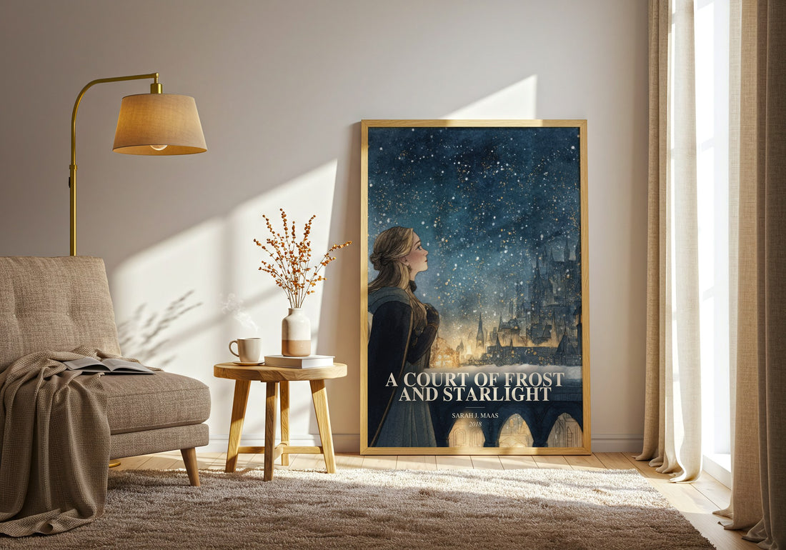 A Court Of Frost And Starlight watercolour print in frame leaning in hallway – fantasy wall art (mockup)