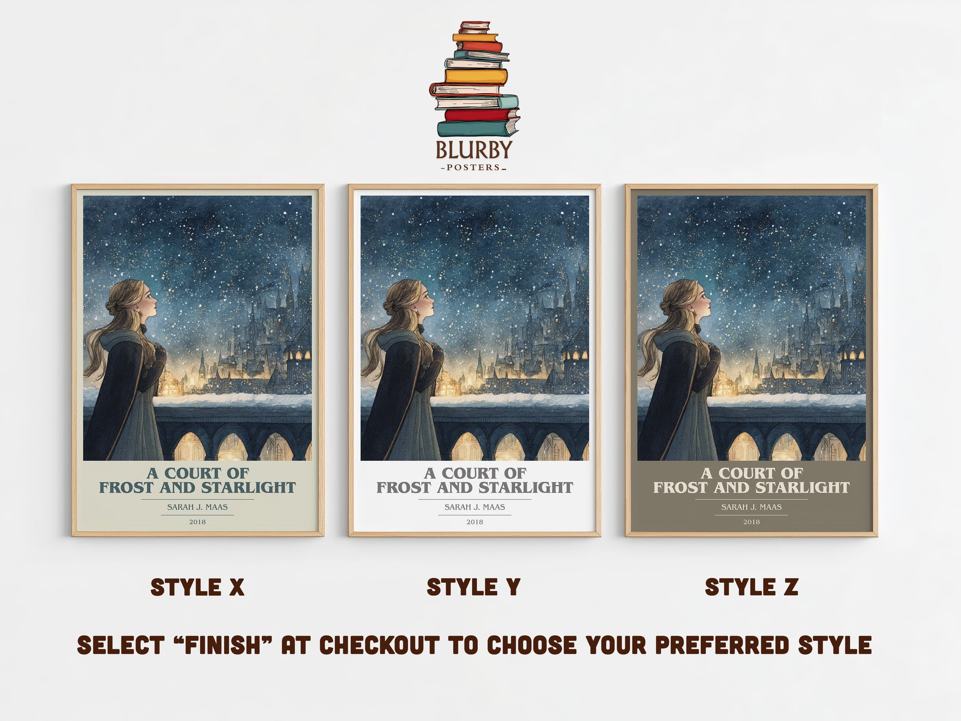 A Court of Frost and Starlight book cover print in frame leaning in hallway – fantasy wall art