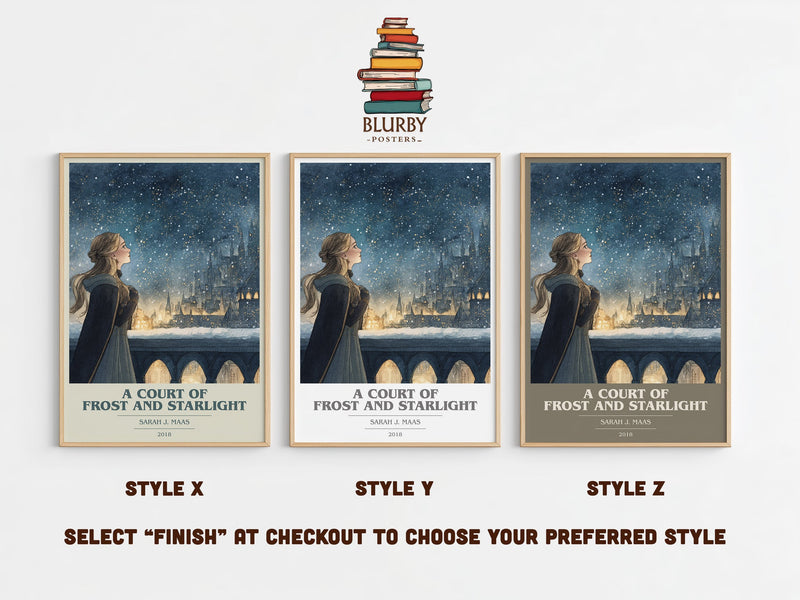 A Court of Frost and Starlight book cover print in frame leaning in hallway – fantasy wall art