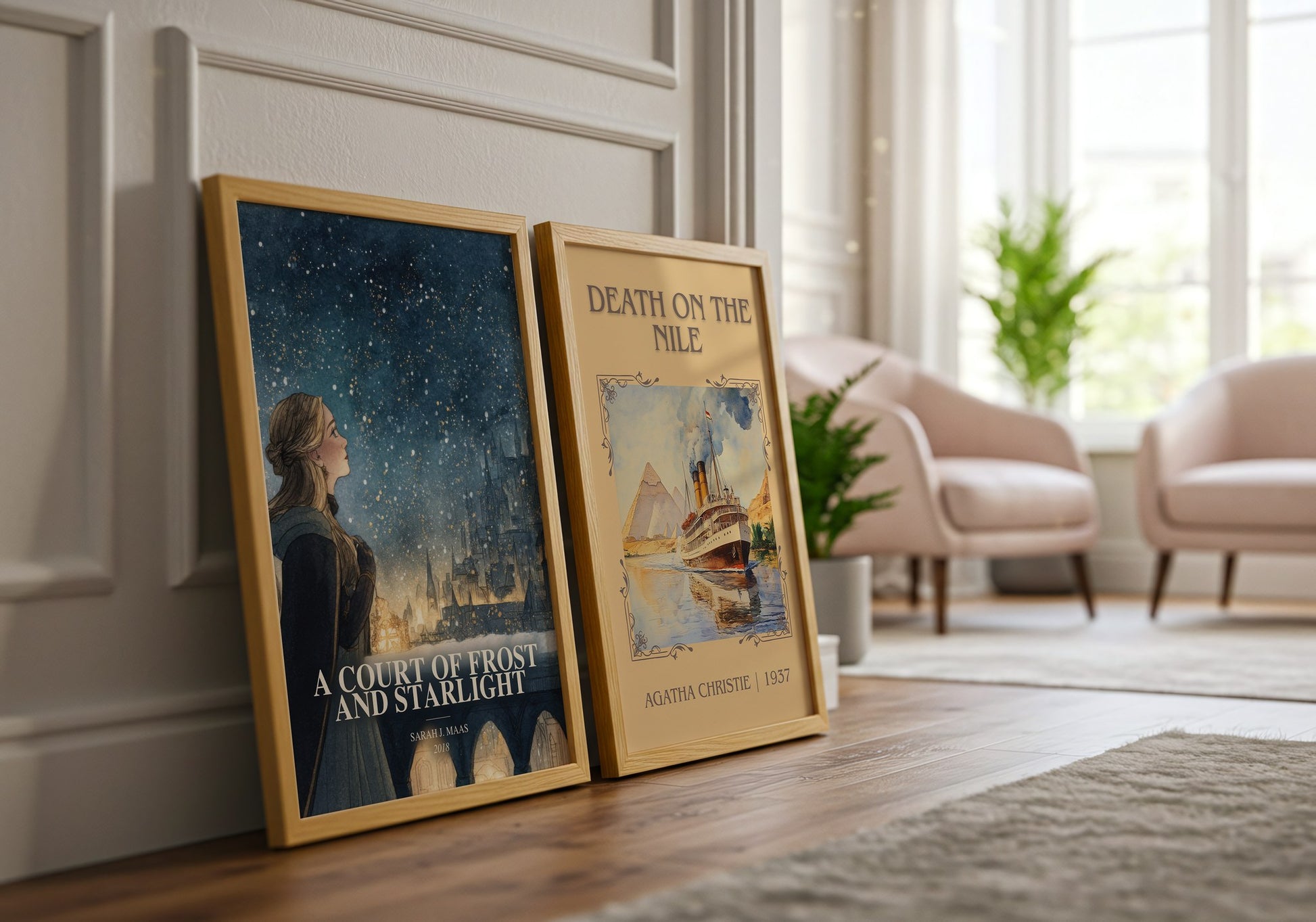 A Court Of Frost And Starlight watercolour print framed by window – literary home decor